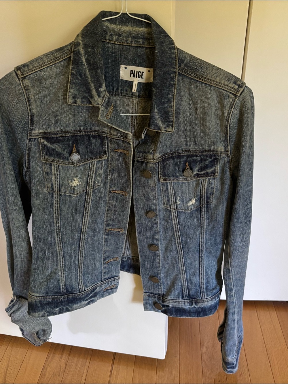 PAIGE Faded Light Blue Distressed Denim Jacket